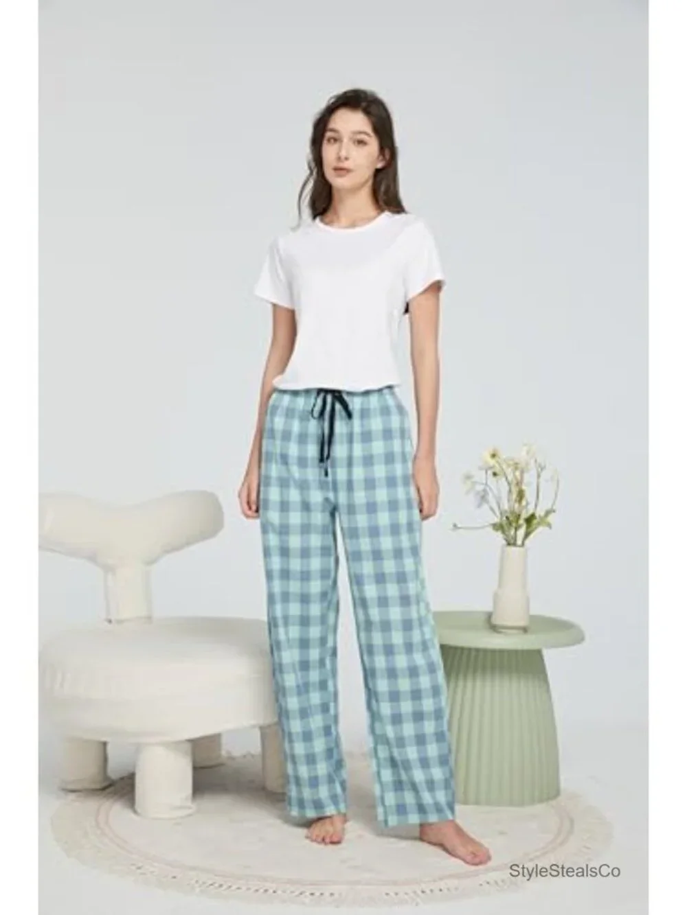 Lightweight Cotton Woven Plaid Pajama Pants With Pockets